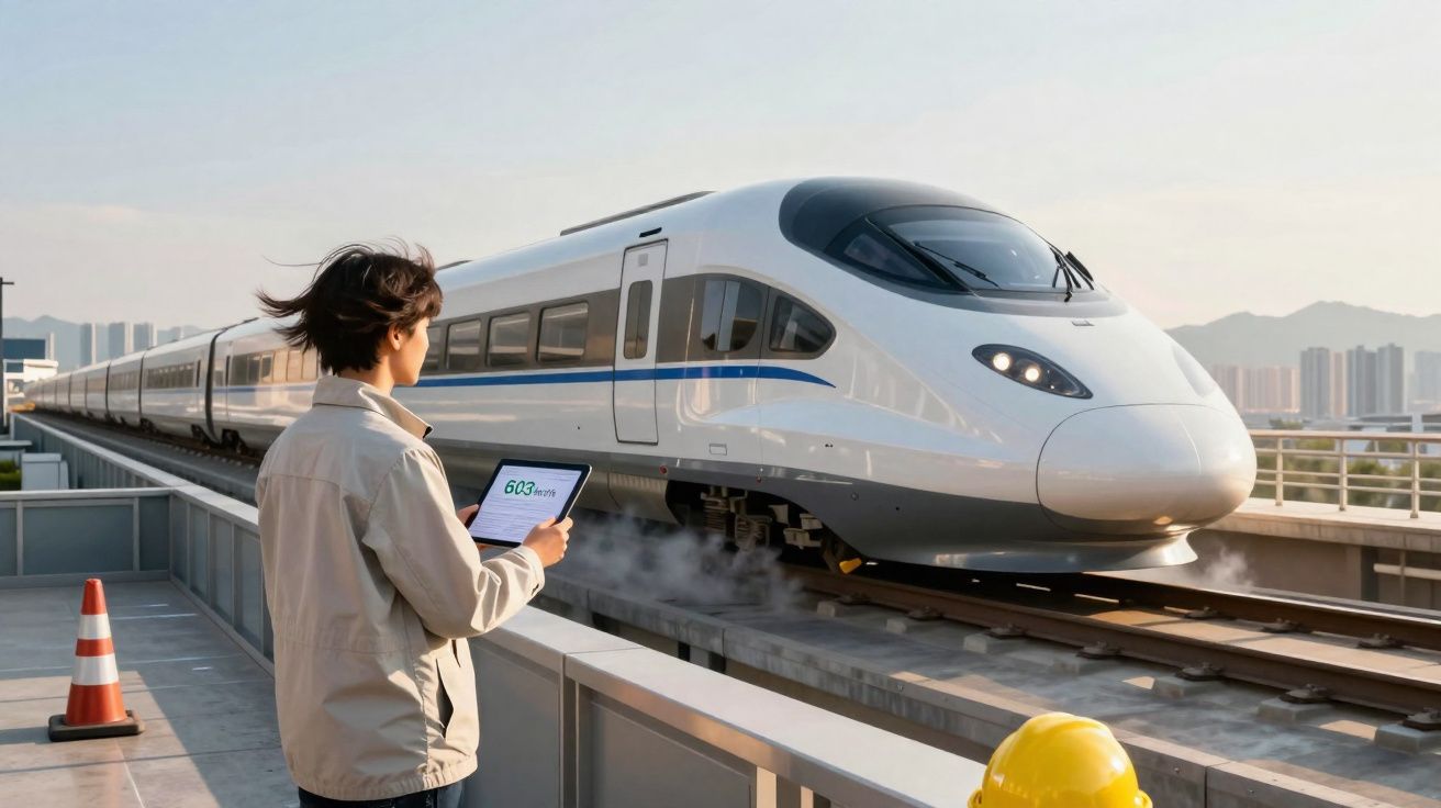 Pessoa com tablet em plataforma ao lado de trem de alta velocidade em ambiente urbano.