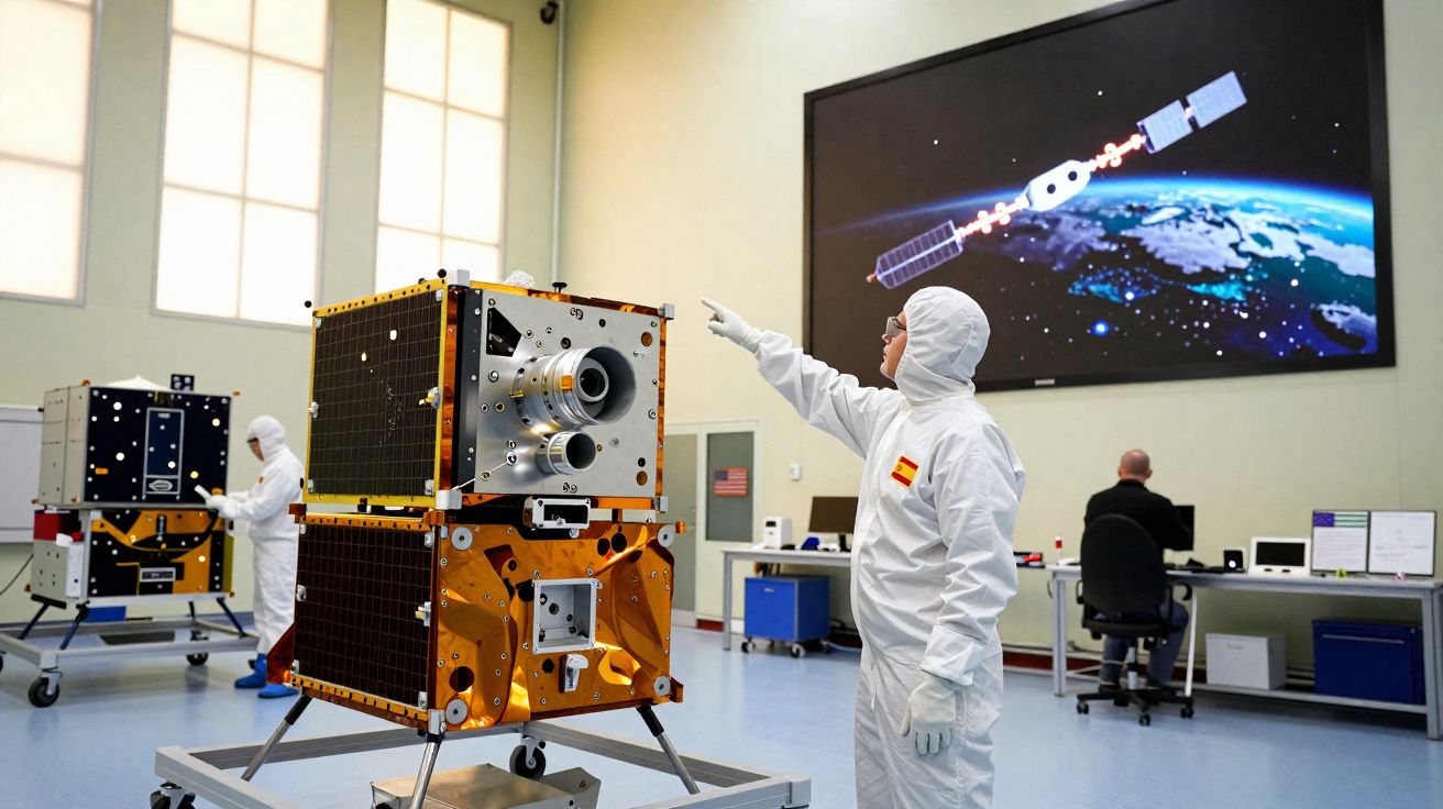 Técnicos em trajes limpos inspecionam satélites em laboratório com tela mostrando satélite em órbita terrestre.