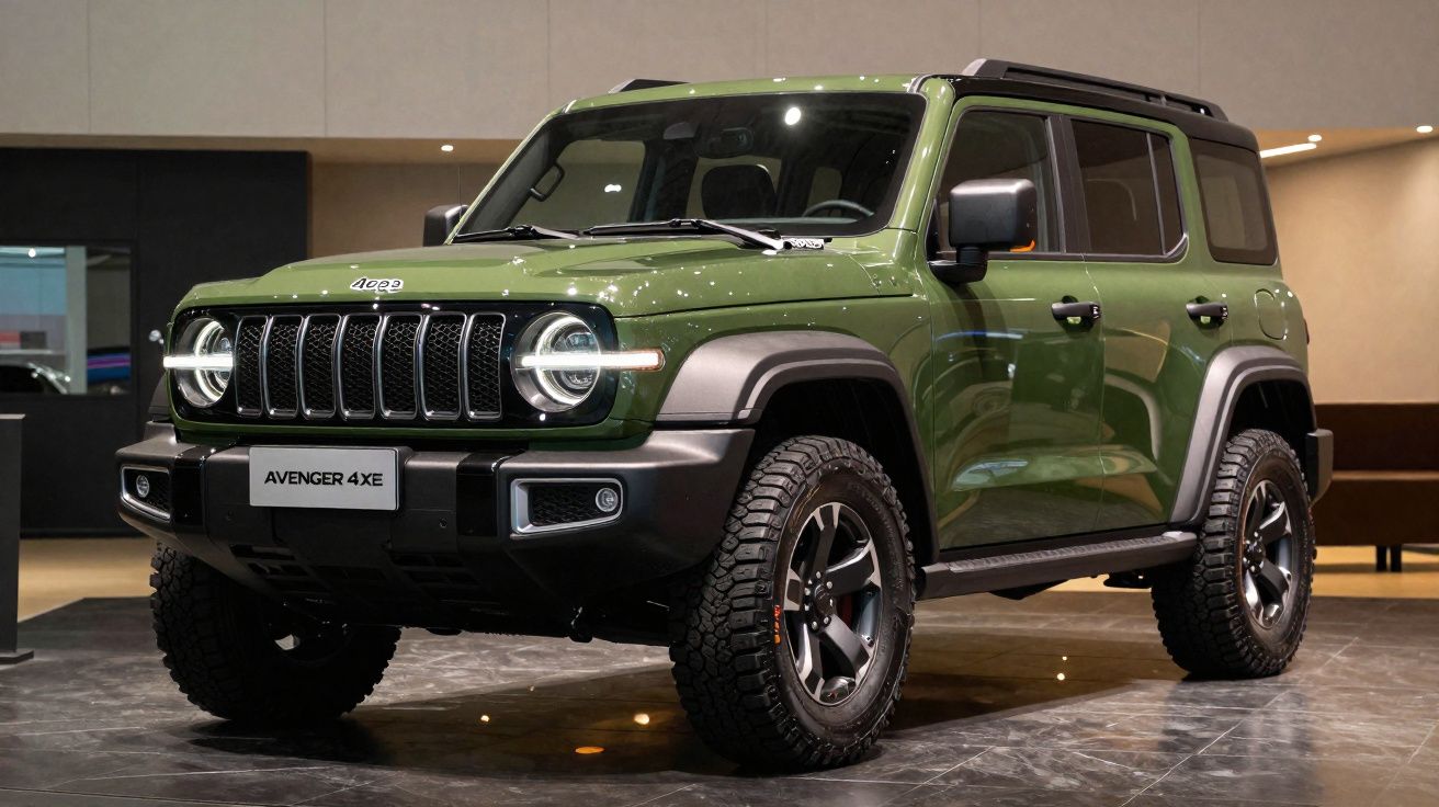 Carro Jeep Avenger 4XE verde militar exposto em ambiente interno com piso reflexivo.