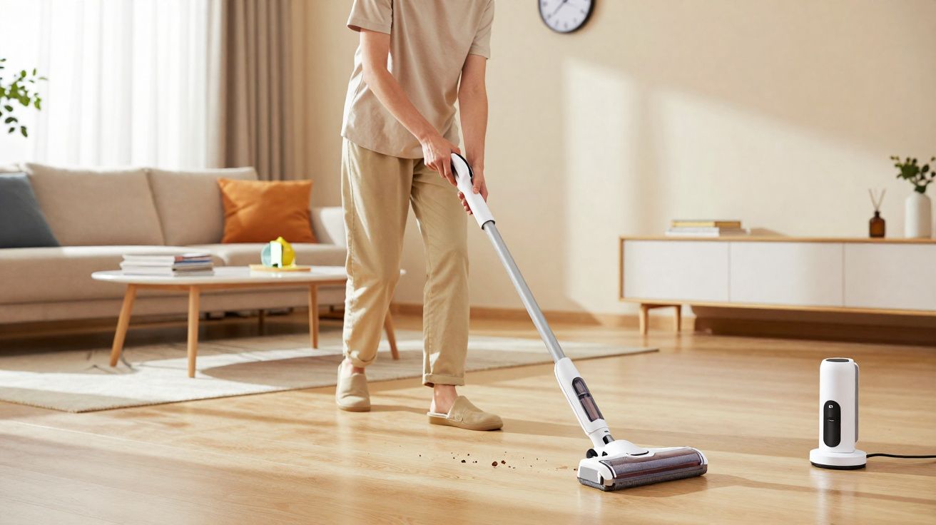 Pessoa usando aspirador de pó sem fio para limpar sujeira em chão de sala de estar moderna.
