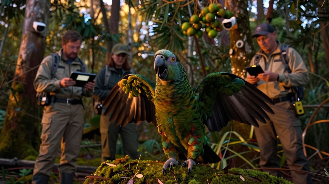 Papagaio verde com asas abertas em floresta, com três pessoas ao fundo usando equipamentos eletrônicos.