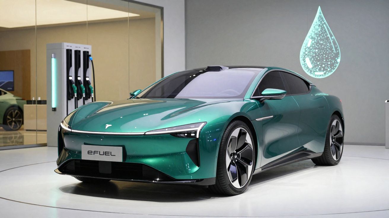 Carro elétrico verde Tesla estacionado em ambiente interno com símbolo de gota iluminada na parede.