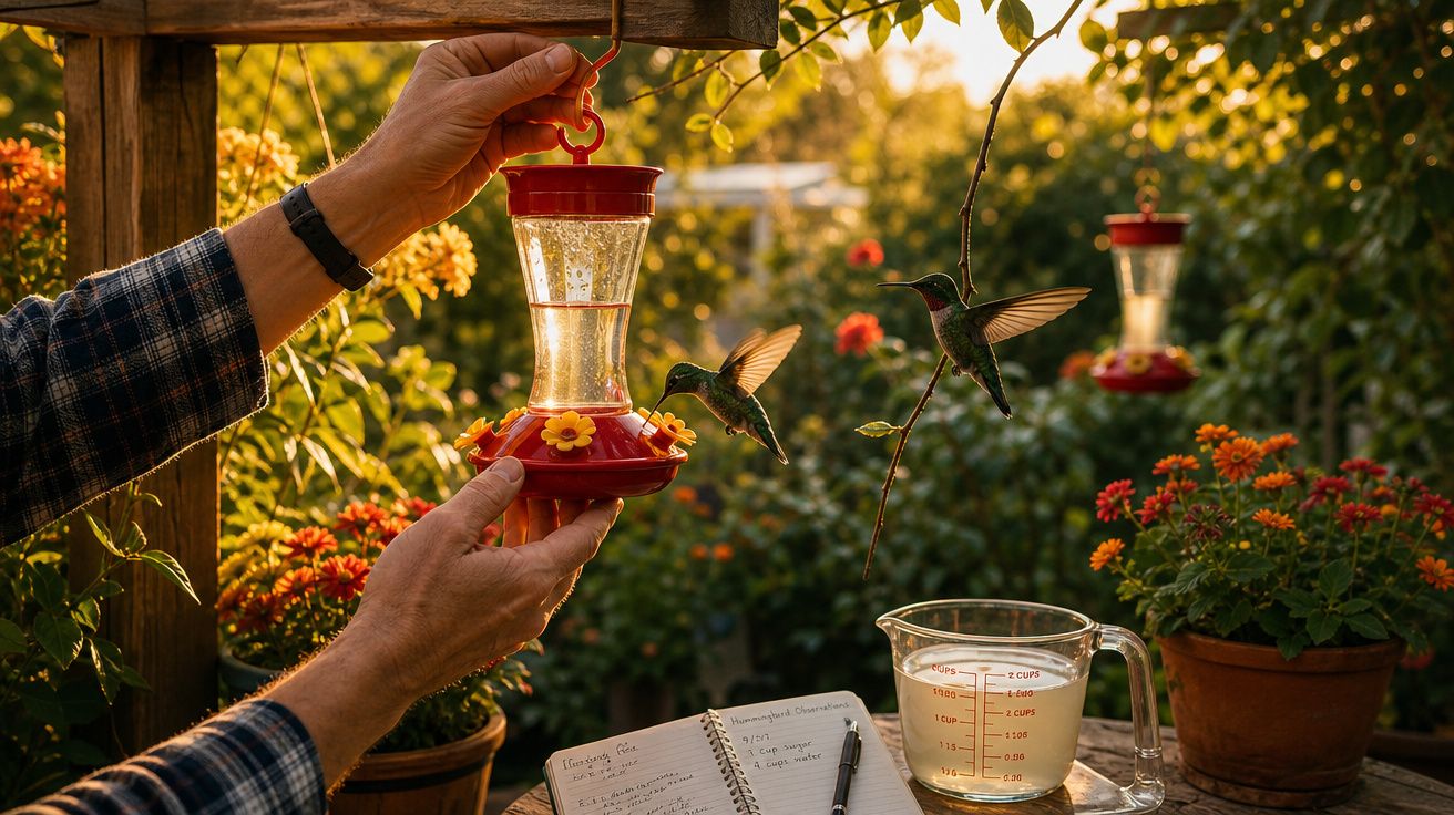 Mãos segurando bebedouro para beija-flor enquanto dois pássaros se alimentam em jardim ao entardecer.