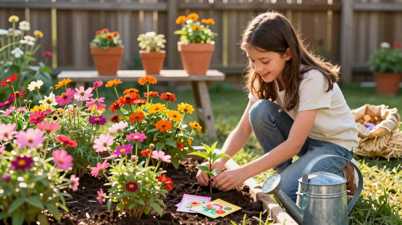 Garota sorridente plantando muda em jardim florido com regador e vasos ao fundo em dia ensolarado.