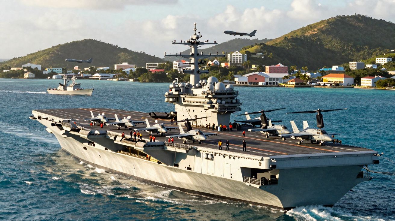 Porta-aviões militar navegando próximo à costa com aviões e helicópteros na pista de pouso e decolagem.