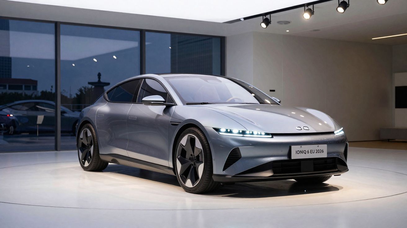 Carro elétrico cinza Ioniq 6 em exposição dentro de showroom moderno com iluminação branca.