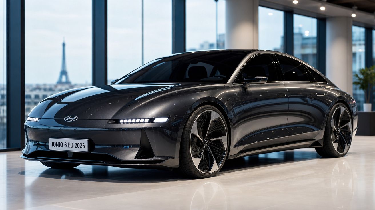 Carro elétrico Hyundai Ioniq 6 preto exibido em showroom com Torre Eiffel ao fundo.