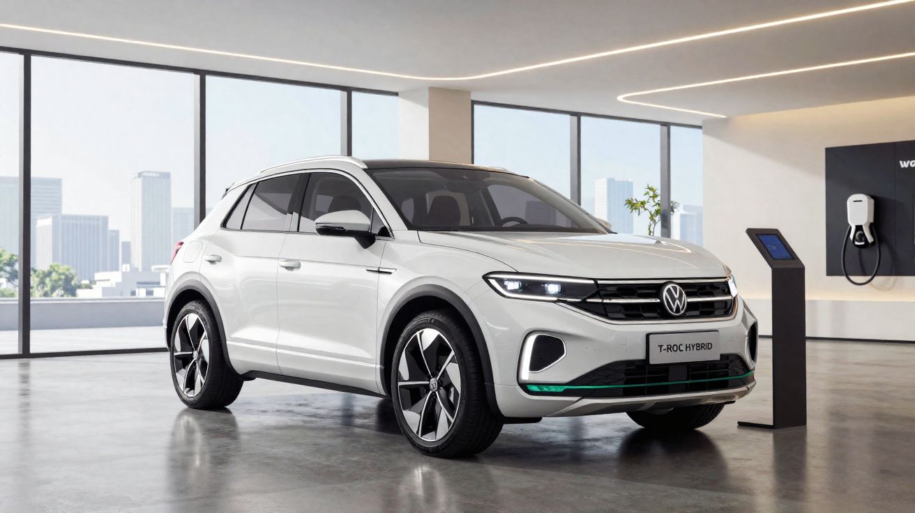 Carro SUV branco Volkswagen T-Roc Hybrid exposto em ambiente moderno com painel de carregamento elétrico.