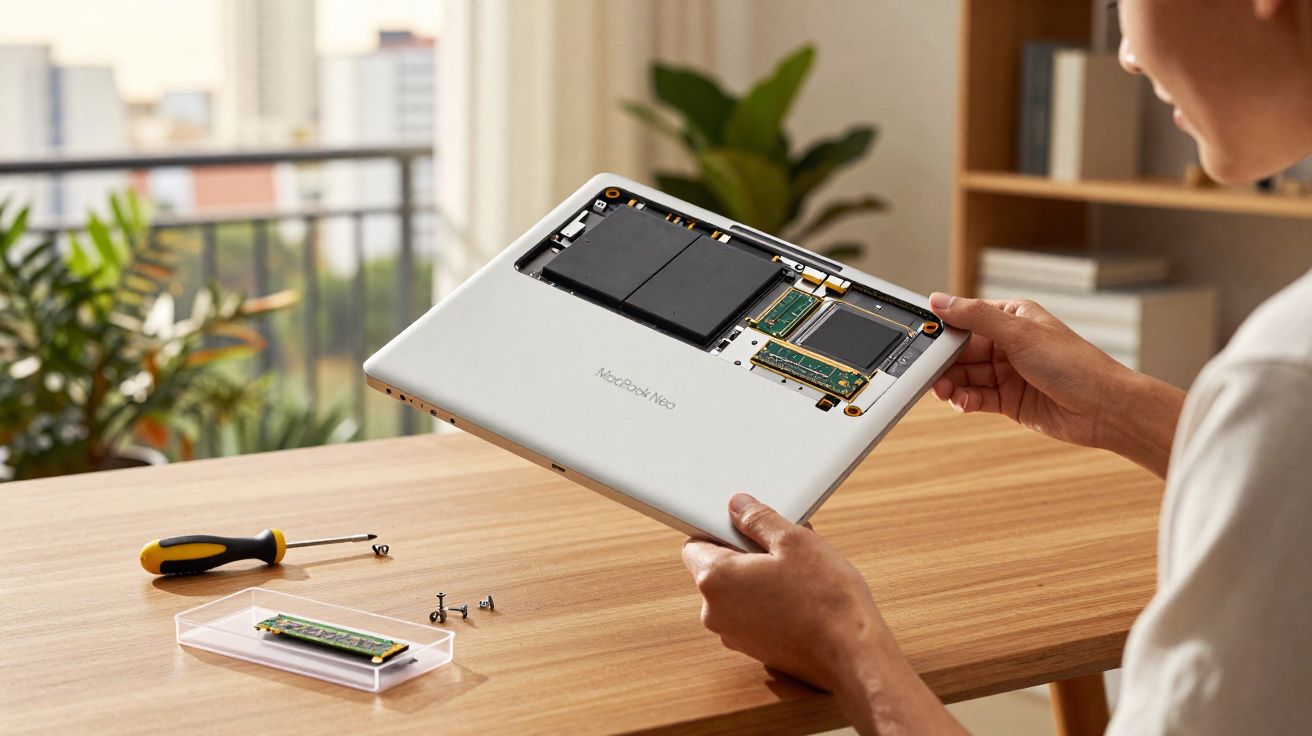 Pessoa segurando um laptop aberto, mostrando componentes internos, como memória e bateria, sobre mesa de madeira.