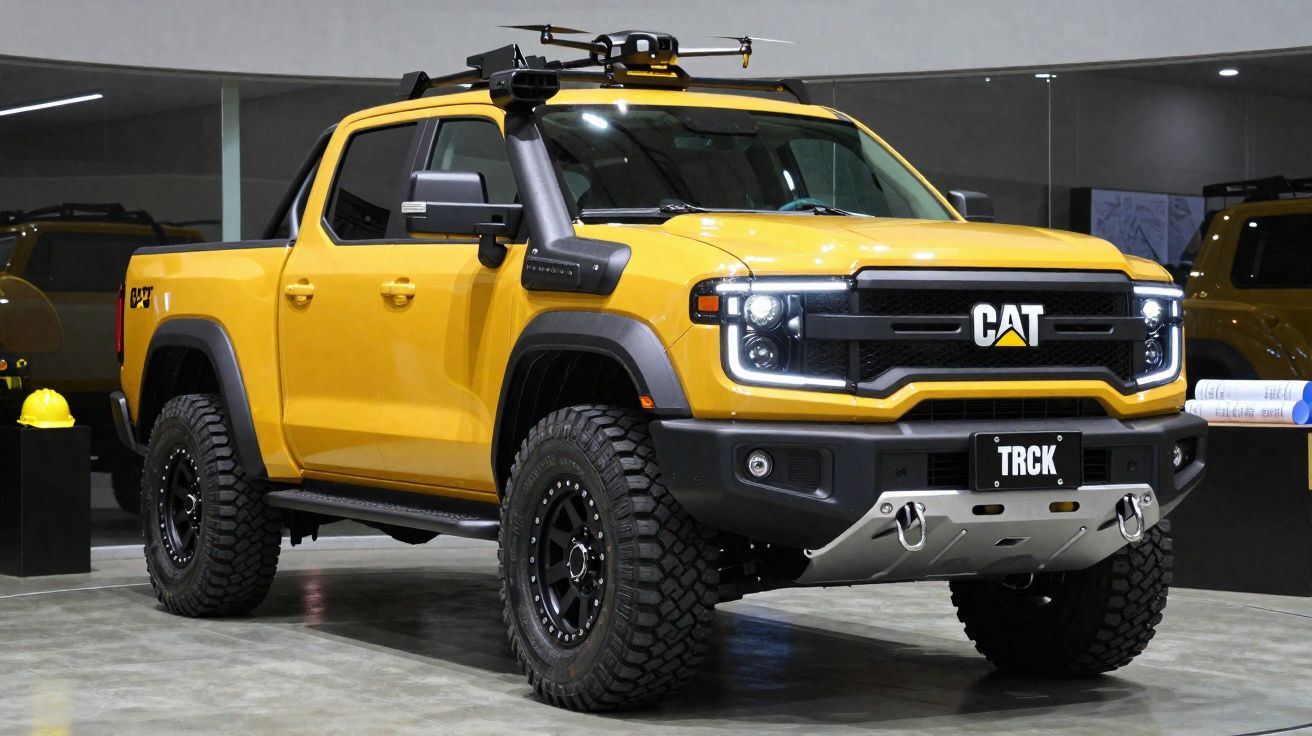 Picape elétrica amarela da marca CAT, modelo TRCK, em exposição interna com pneus off-road e drone no teto.