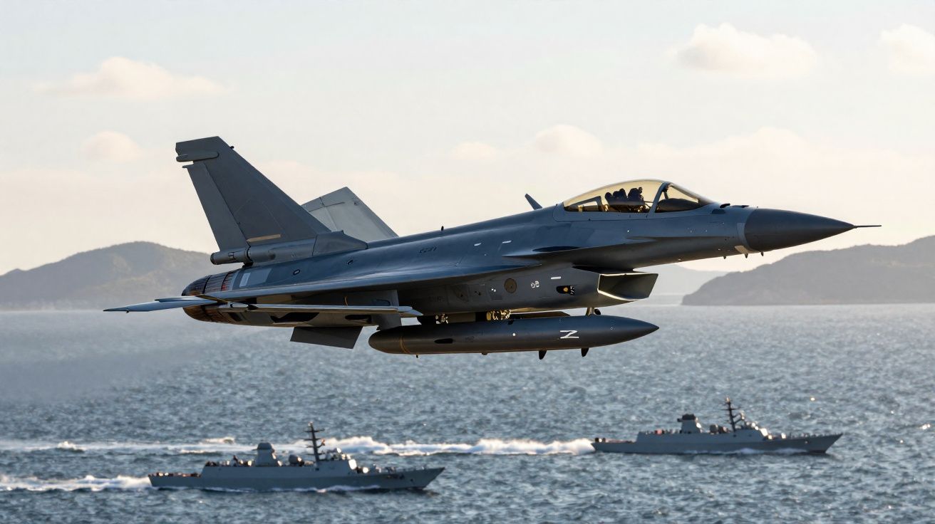 Avião de caça militar voando baixo sobre o mar com dois navios de guerra ao fundo.