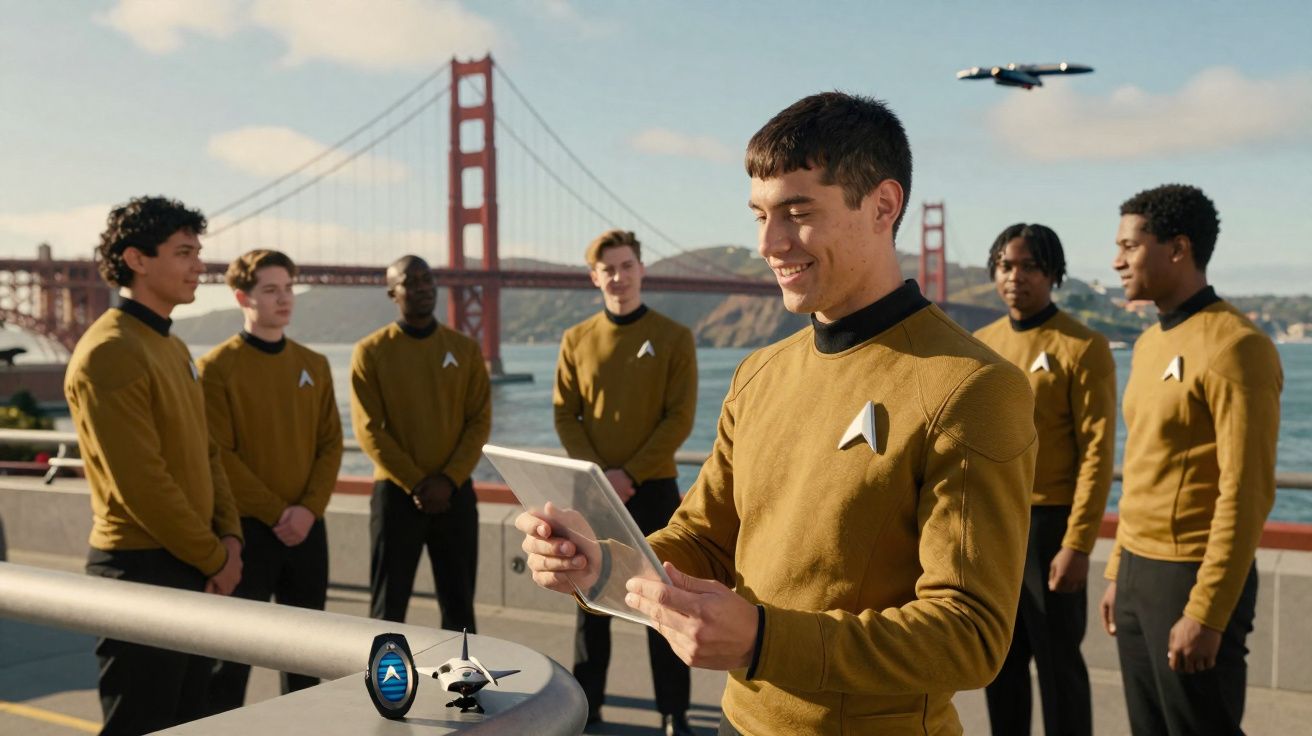 Grupo de jovens com uniformes dourados perto da Golden Gate, um segura dispositivo transparente e sorri, com drone voando ao 