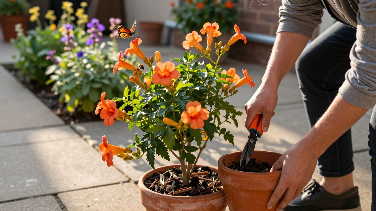 Pessoa transplantando planta com flores laranjas em vasos de barro em jardim ensolarado.