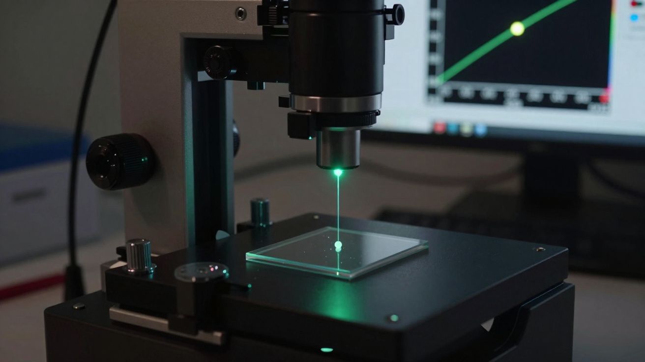 Microscópio com laser verde focalizado em amostra sobre plataforma, ao fundo tela com gráfico colorido.