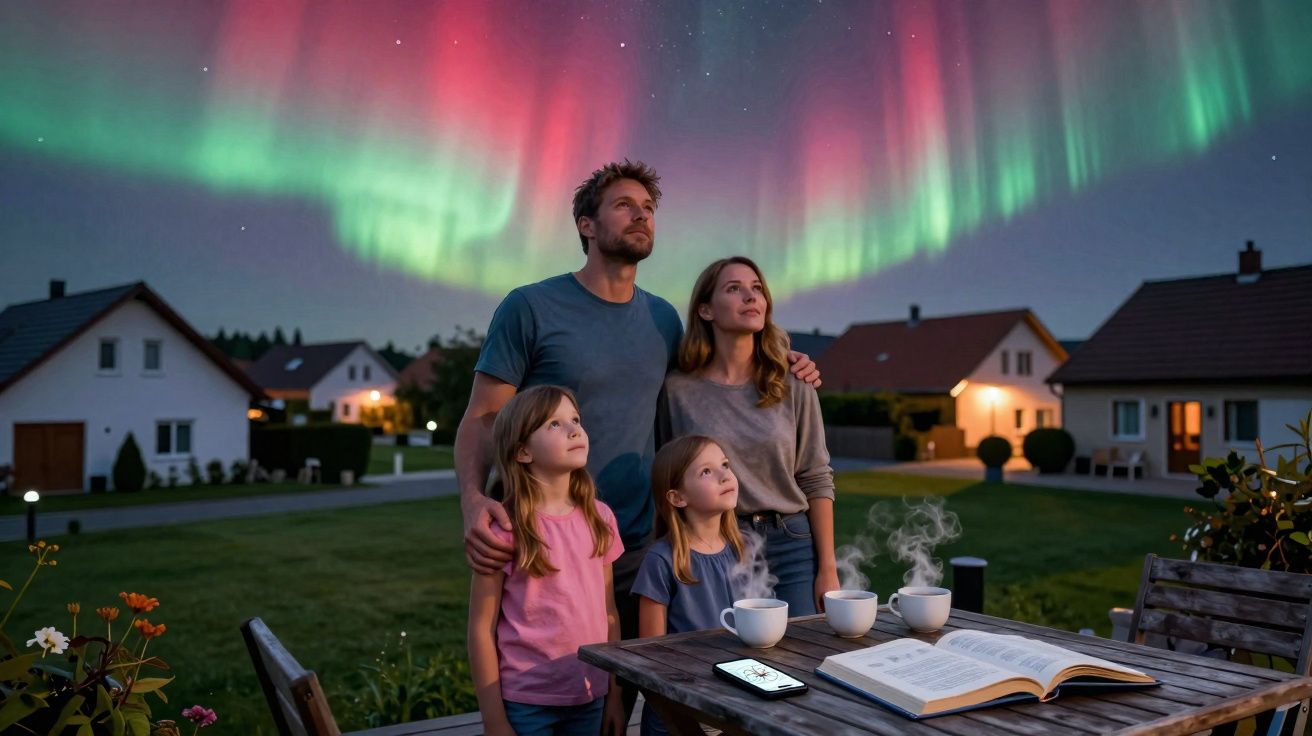 Família observa aurora boreal no céu noturno em jardim, com chá quente e livro sobre a mesa.