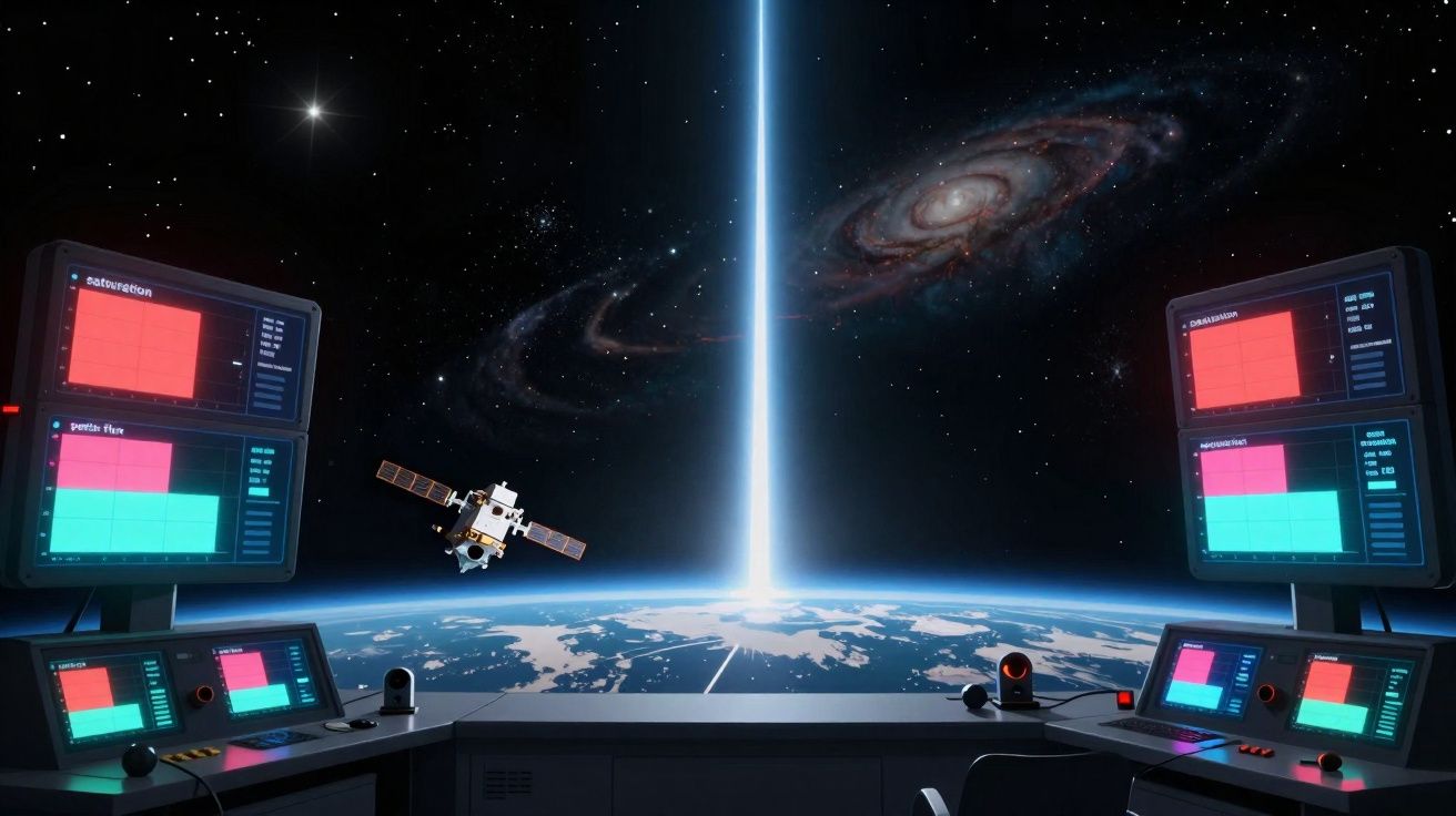 Sala de controle espacial com monitores, satélite em órbita e feixe de luz na Terra olhando para o espaço sideral.