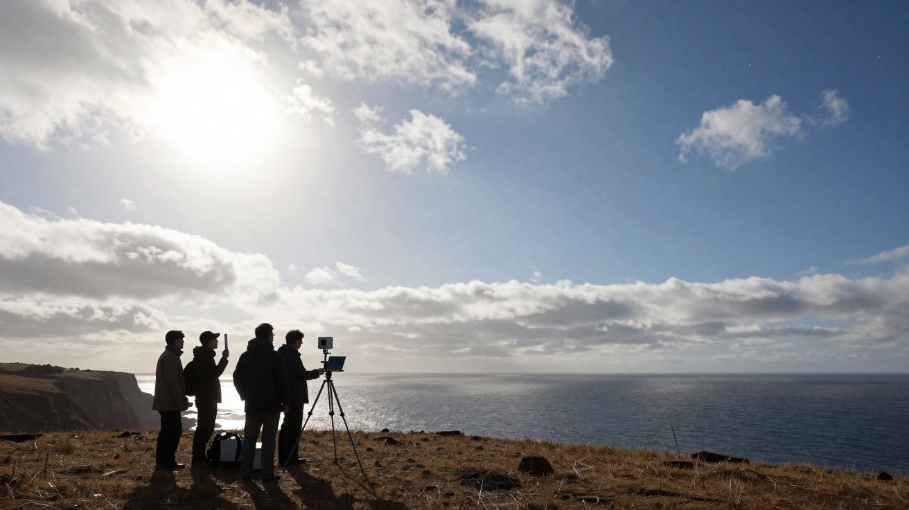 Quatro pessoas com equipamento fotográfico em tripé no penhasco observando o mar sob céu azul com nuvens.
