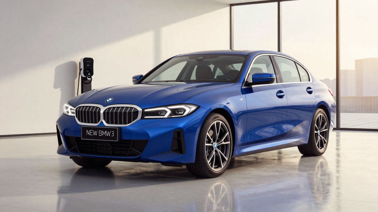 Carro BMW 3-Series azul estacionado em ambiente interno com carregador elétrico na parede.