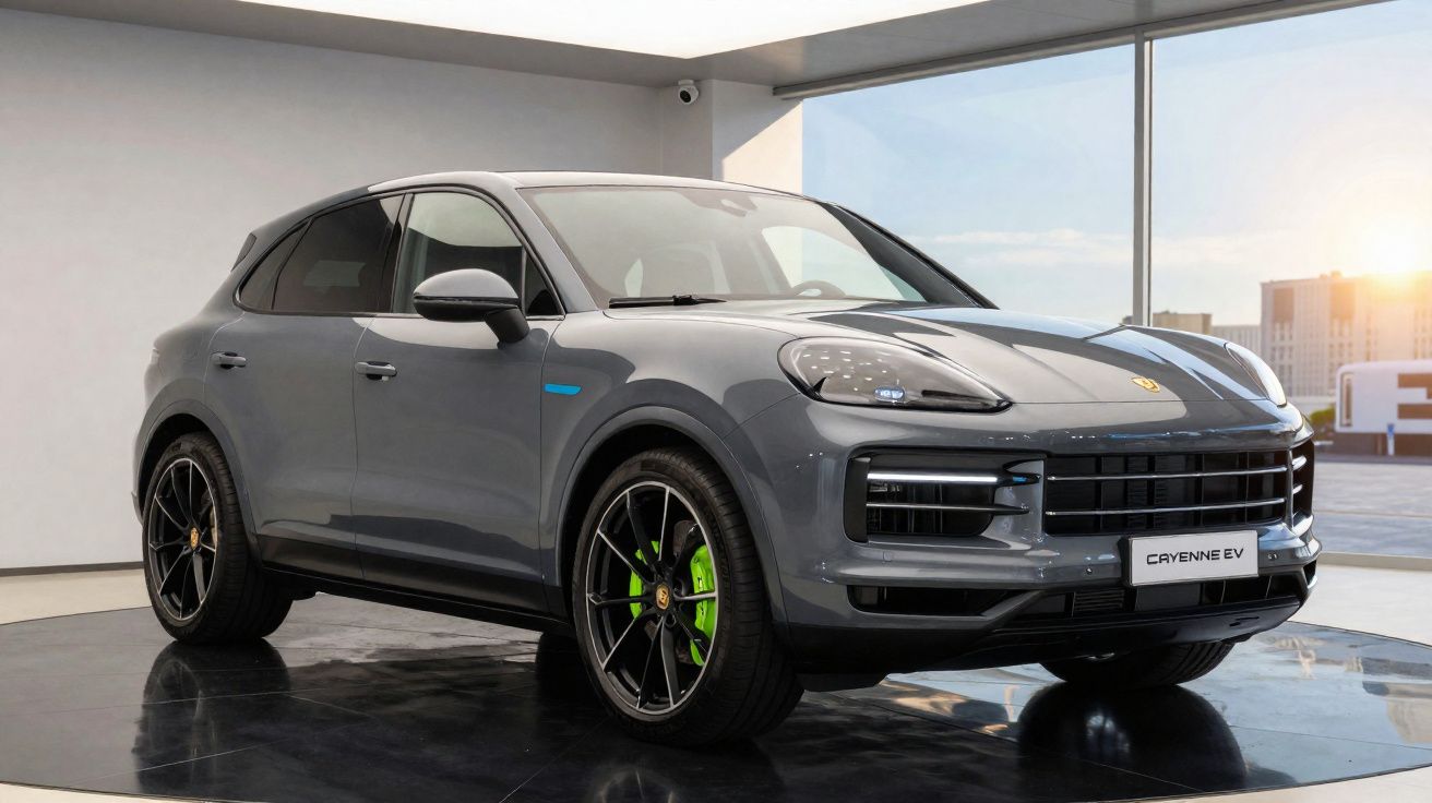 SUV Porsche Cayenne EV cinza estacionado em ambiente interno com luz natural entrando pela janela.