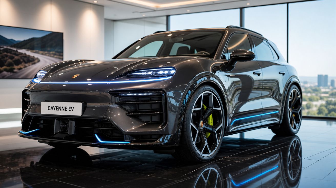 SUV elétrico Porsche Cayenne EV cinza exibido em showroom moderno com piso refletivo e grandes janelas.