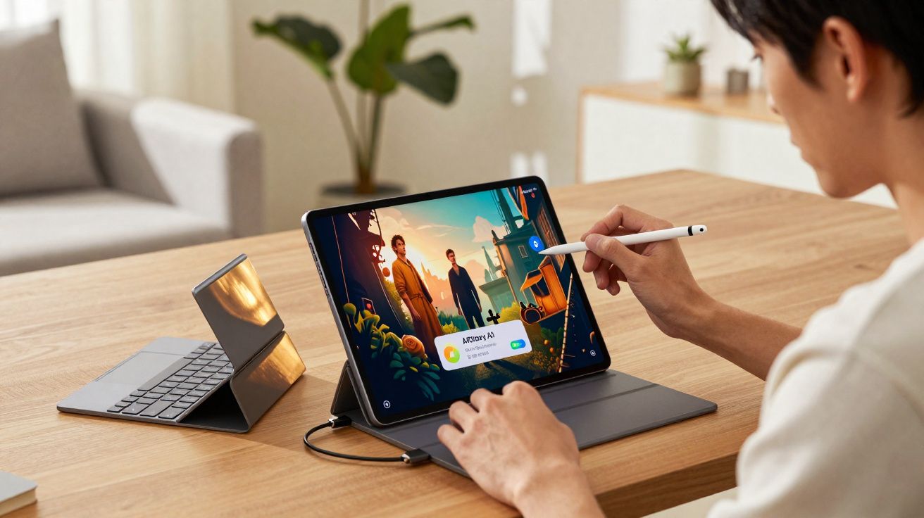 Pessoa usando tablet com caneta digital em mesa de madeira, ao lado de teclado e planta.