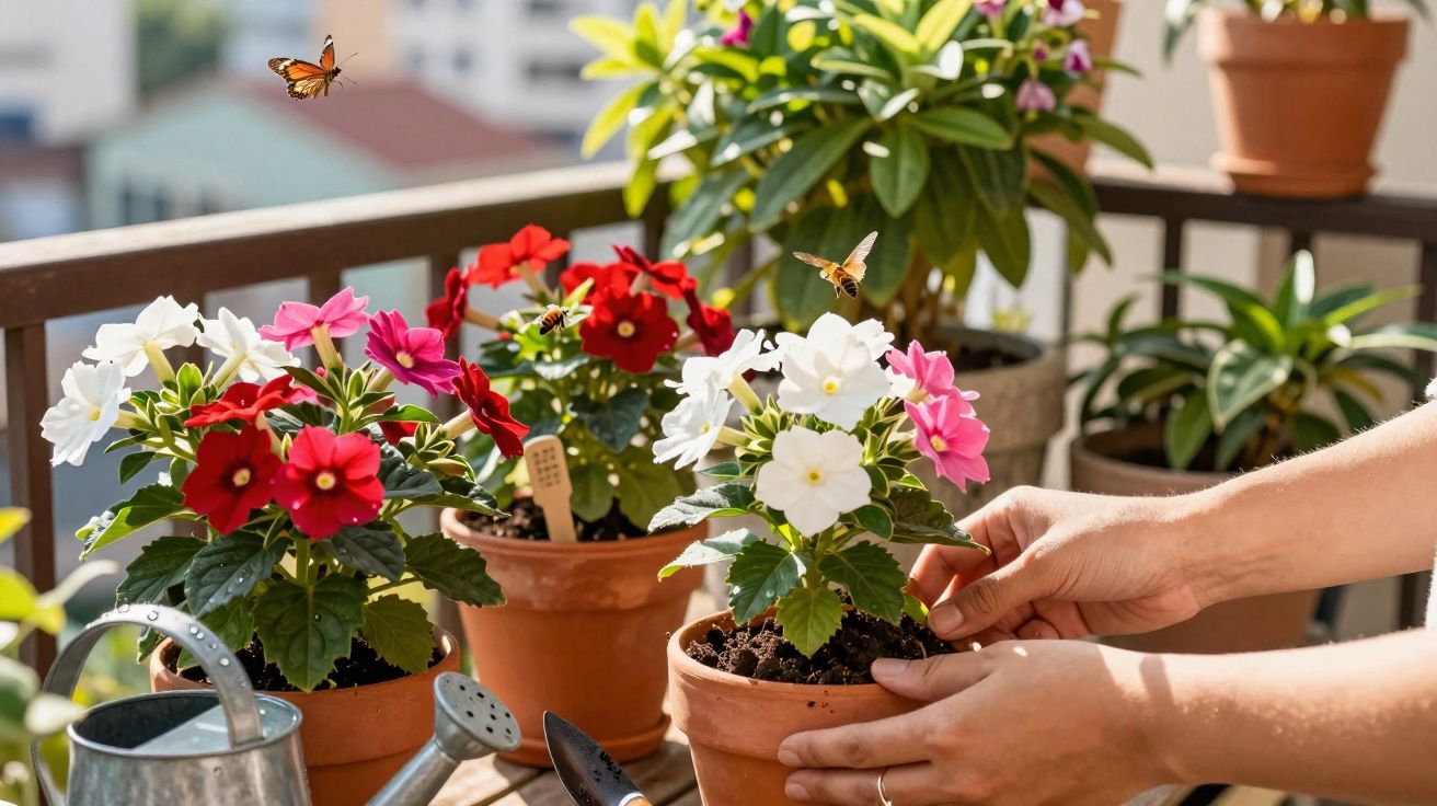 Mãos cuidando de flores coloridas em vasos de terracota em varanda ensolarada com borboletas voando.
