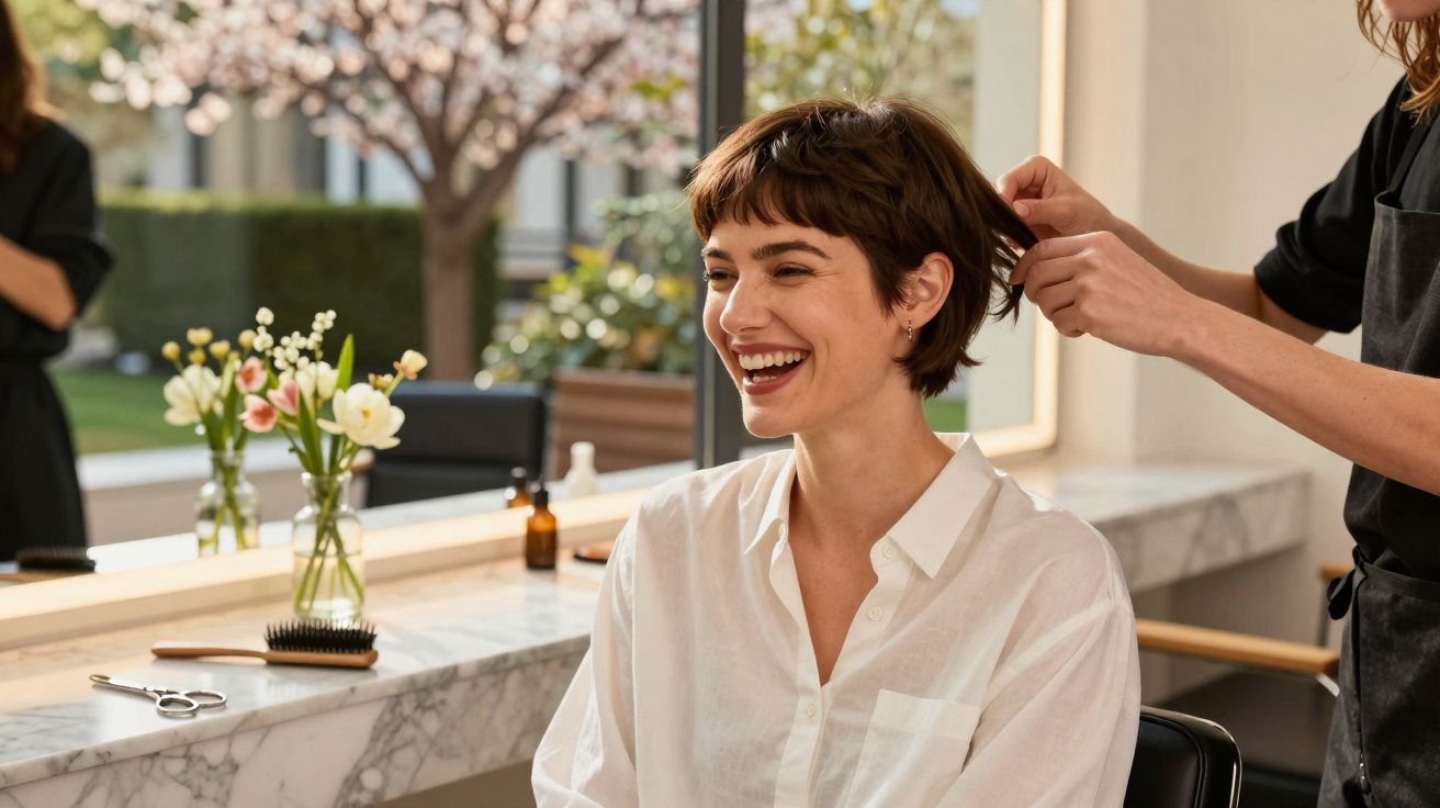 Mulher sorridente com cabelo curto sendo arrumada por cabeleireiro em salão iluminado com flores no fundo.
