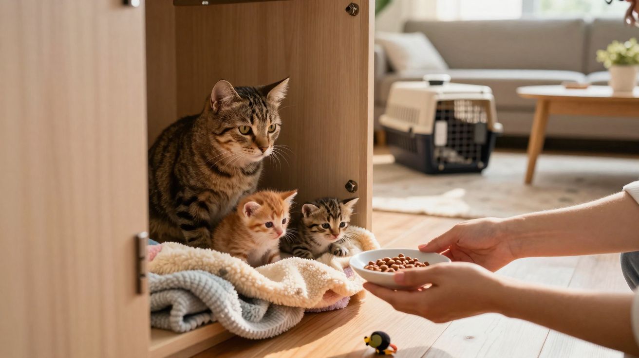Gato adulto e dois filhotes dentro de móvel com cobertores enquanto pessoa oferece comida para gatos.