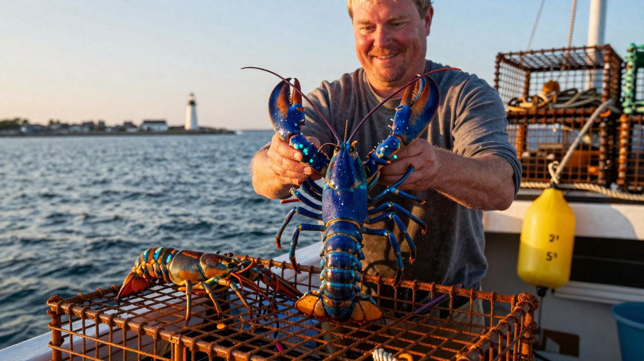 Homem sorridente segura uma lagosta azul grande em barco no mar com armadilhas para lagostas.