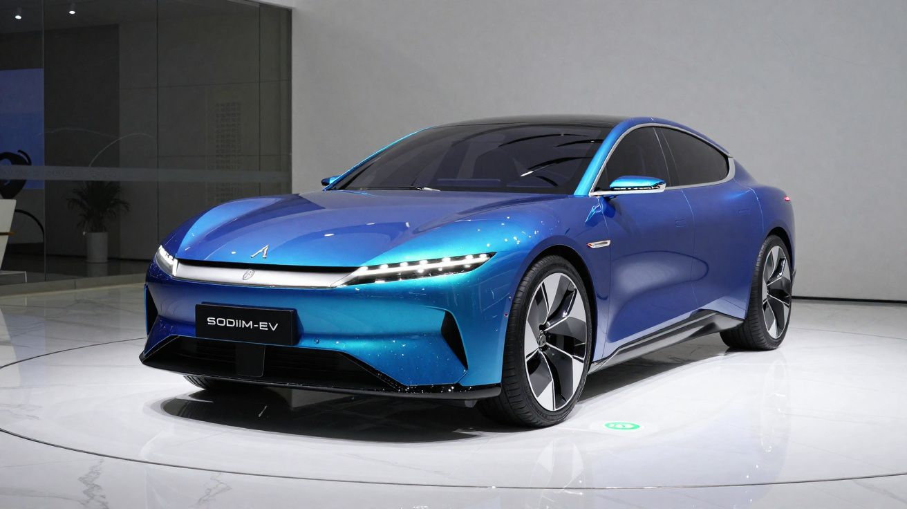 Carro elétrico azul SODIIM-EV exibido em ambiente interno moderno com piso branco e paredes claras.