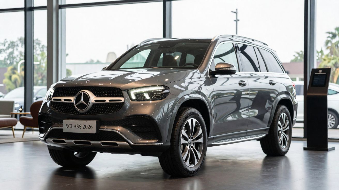 Carro SUV Mercedes-Benz XCLASS 2026 cinza exibido em showroom moderno com janelas grandes.
