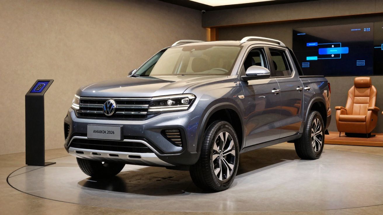 Volkswagen Amarok 2026 cinza exibida em ambiente interno com cadeira marrom ao fundo.