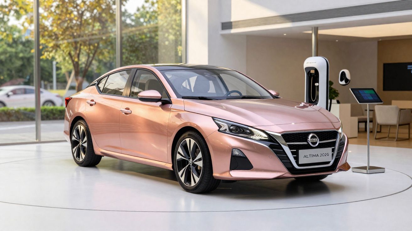Carro sedan rosa Nissan Altima 2024 em showroom com carregador elétrico ao fundo.