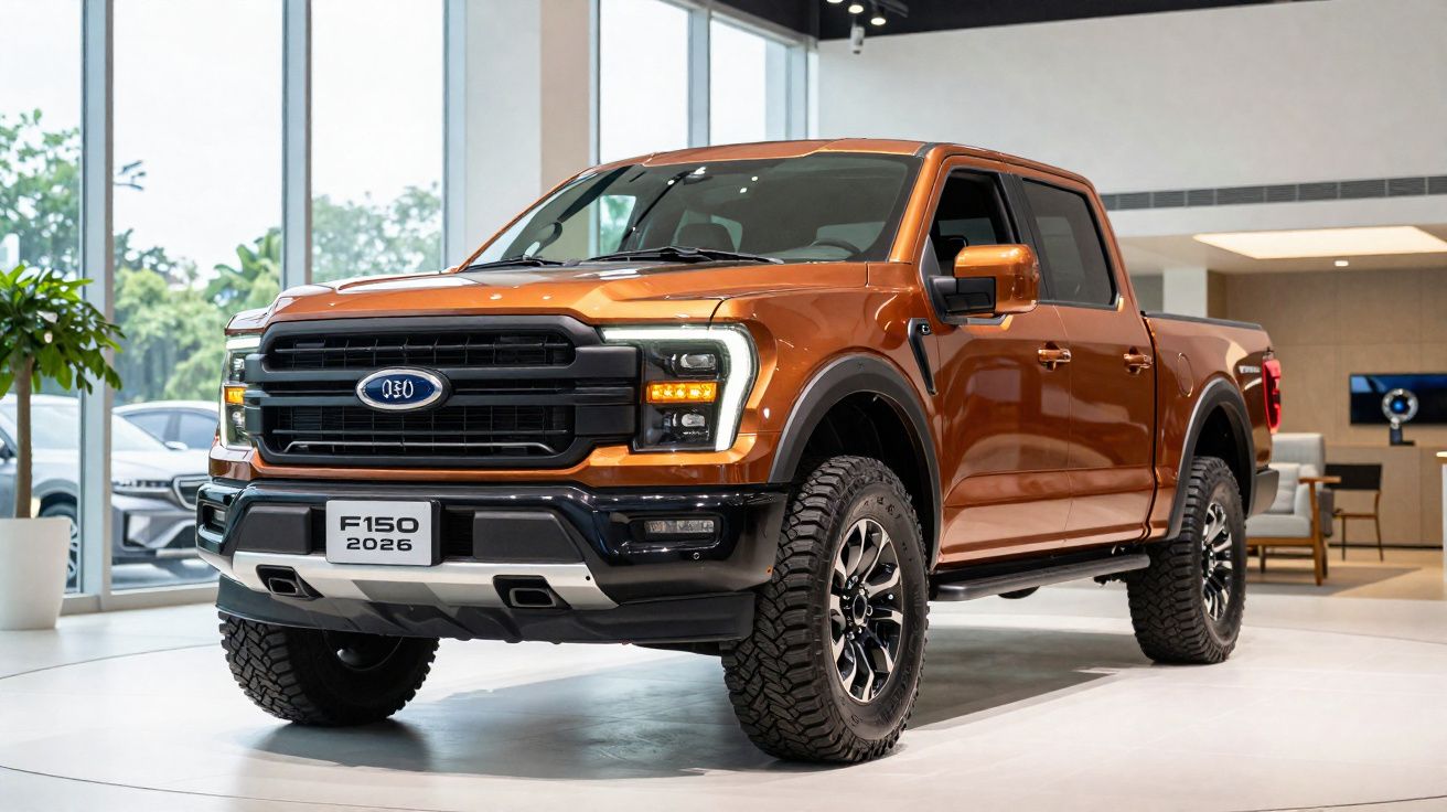 Picape Ford F-150 2026 laranja exposta em showroom moderno com piso branco.