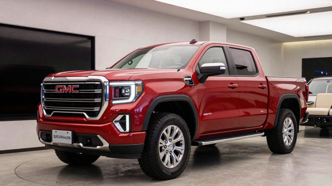 Picape vermelha GMC Sierra 2023 em ambiente interno moderno com detalhes cromados.