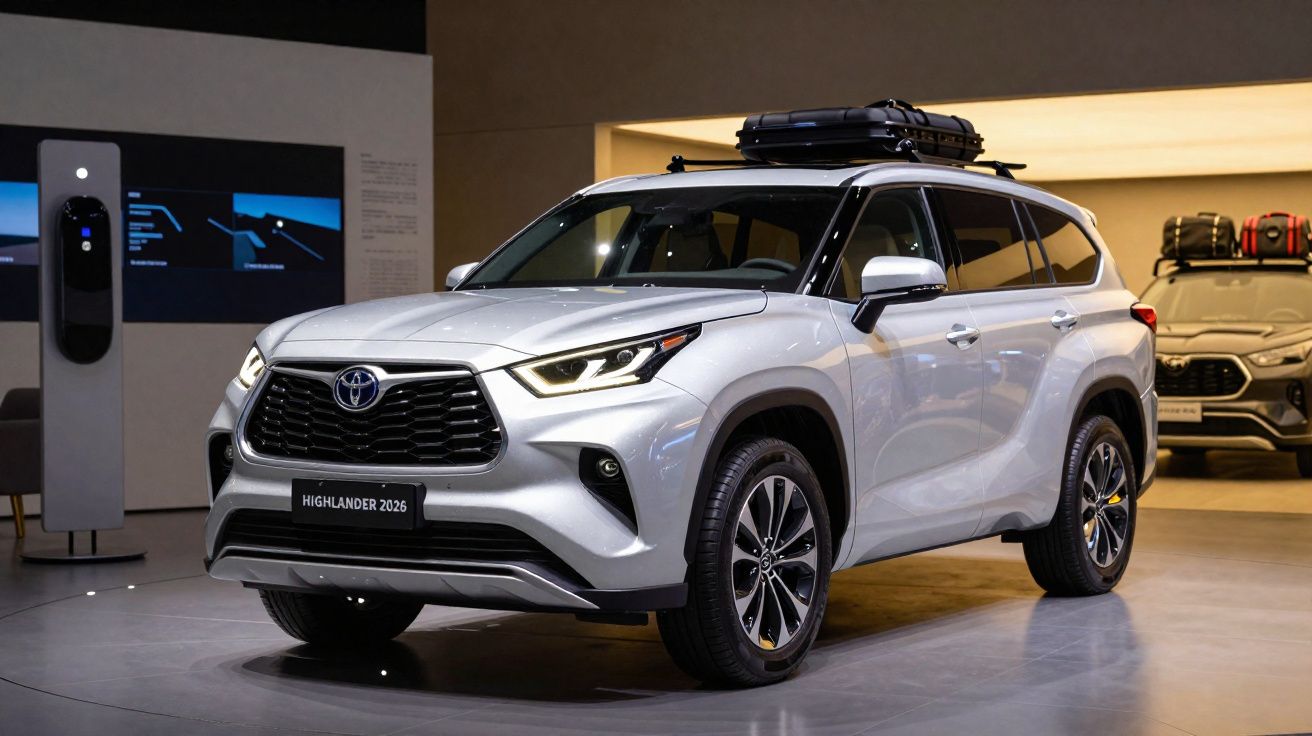SUV Toyota Highlander 2026 prata com bagageiro de teto em ambiente interno de exposição.