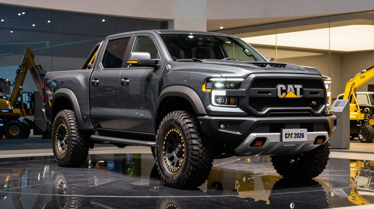 Picape cinza CAT robusta com pneus off-road exposta em salão com refletor no teto.