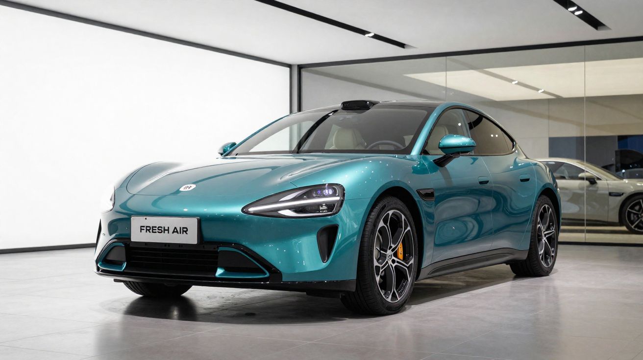 Carro elétrico esportivo verde metálico estacionado em showroom moderno com paredes espelhadas.