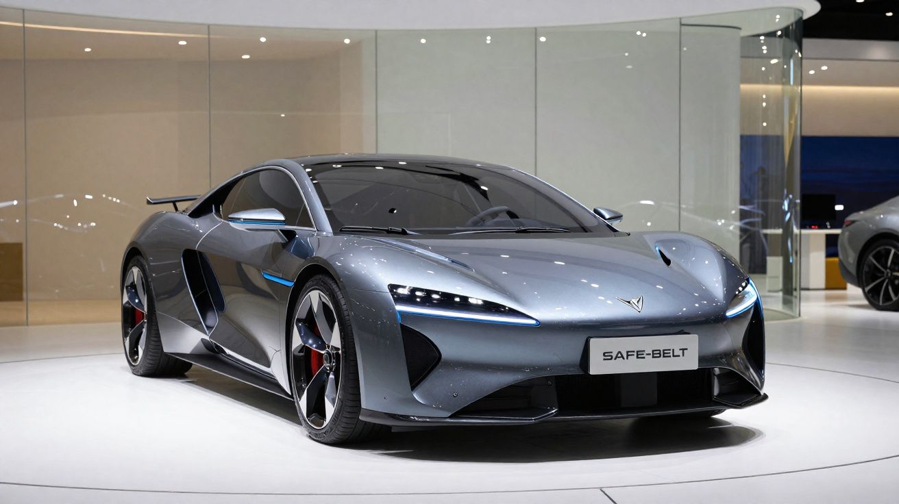 Carro esportivo cinza metálico em exposição com design moderno e faróis de LED acesos.