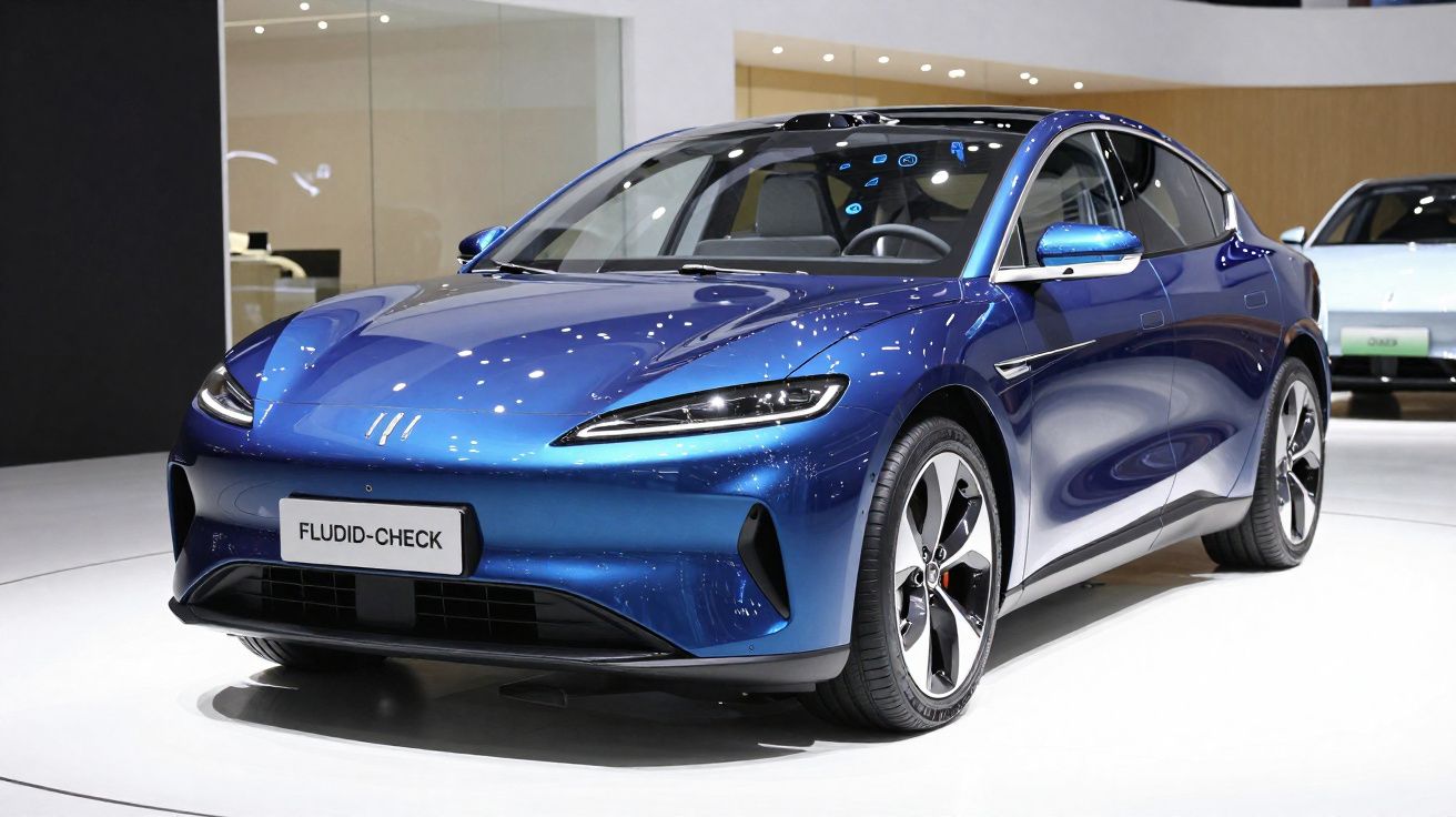 Carro elétrico sedã azul em exposição, com design moderno e rodas esportivas.