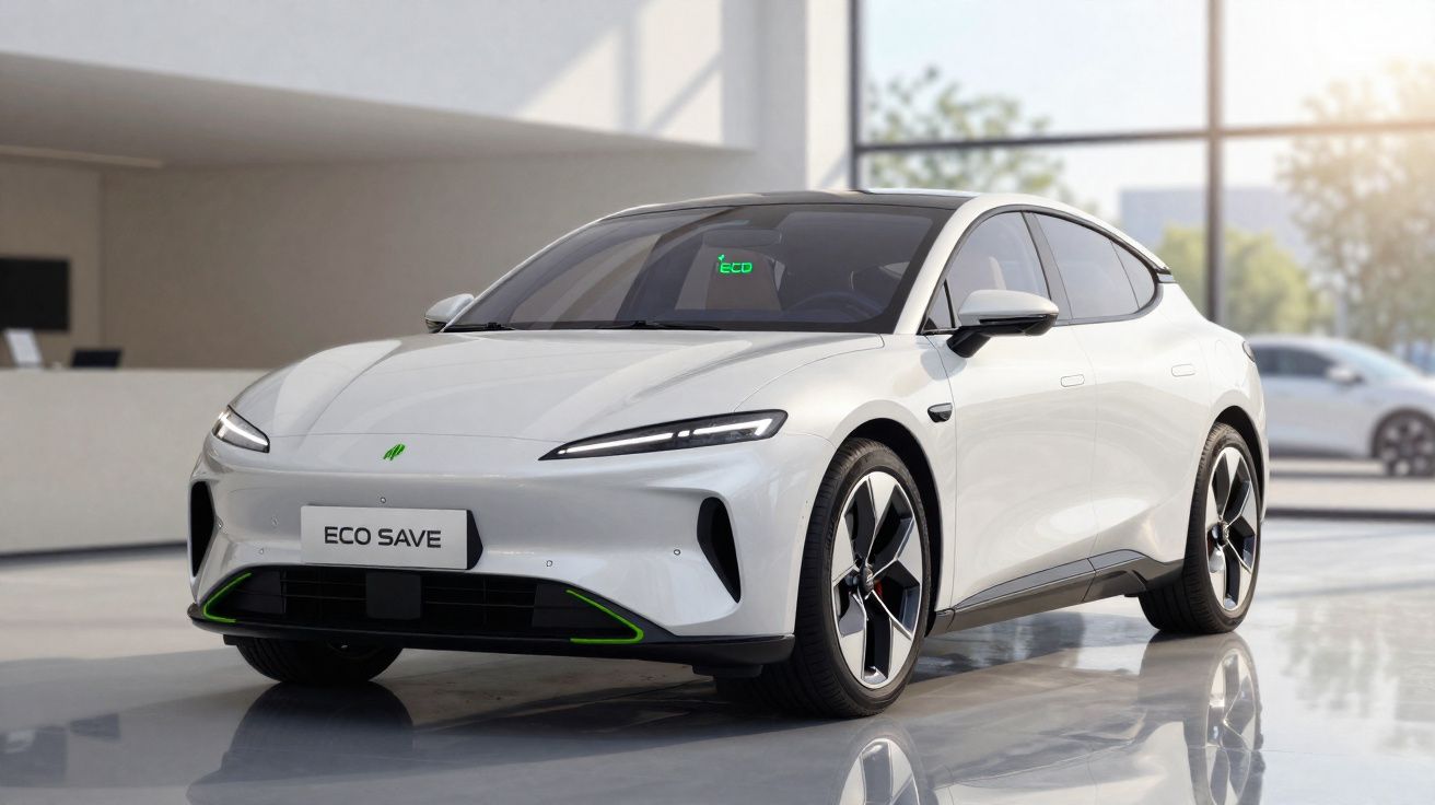 Carro elétrico branco Eco Save estacionado em ambiente interno moderno com grande janela ao fundo.