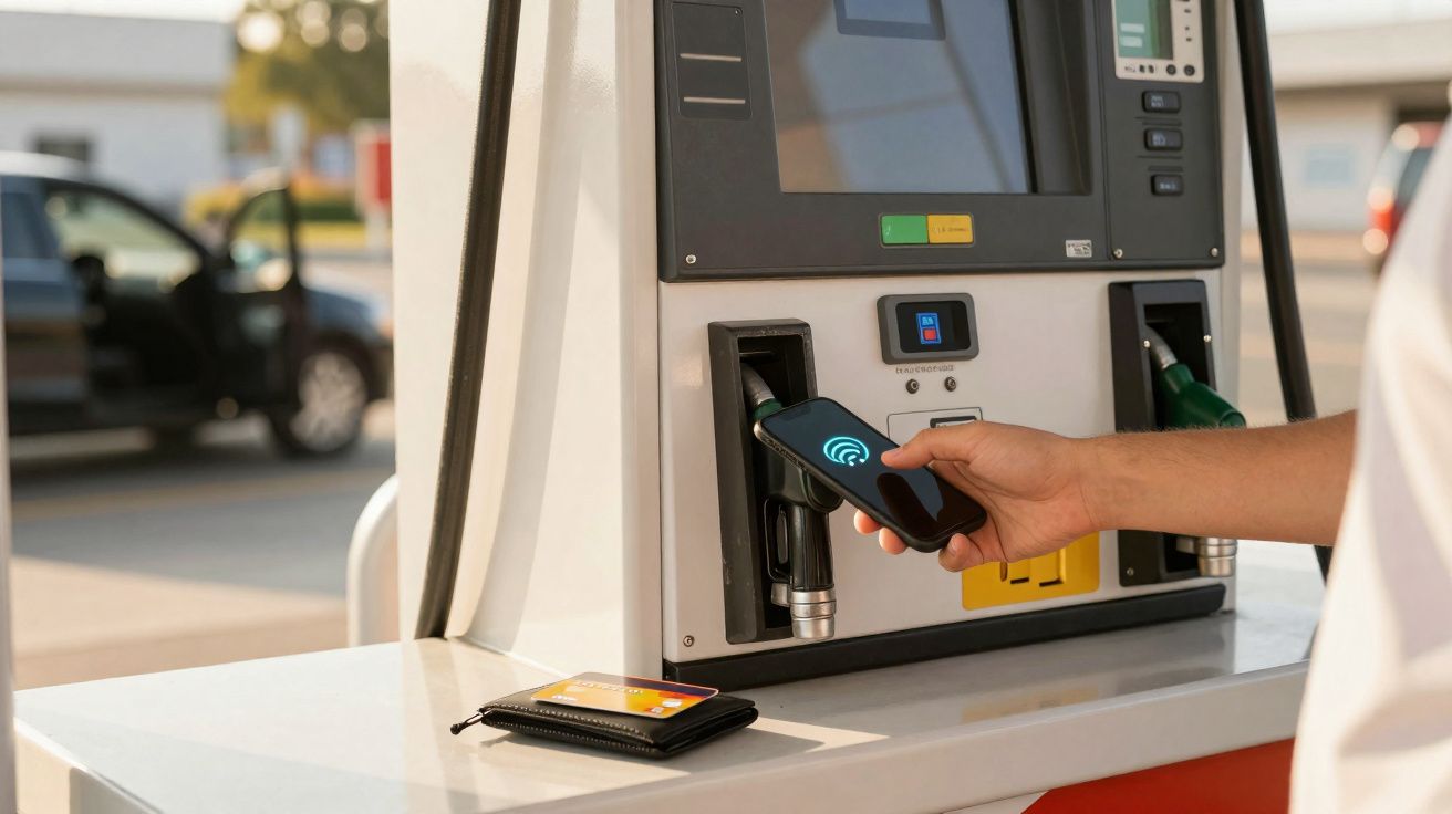 Pessoa fazendo pagamento por aproximação com celular em posto de combustível.