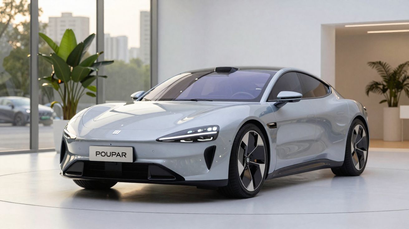 Carro esportivo elétrico cinza estacionado em ambiente interno moderno com plantas decorativas.