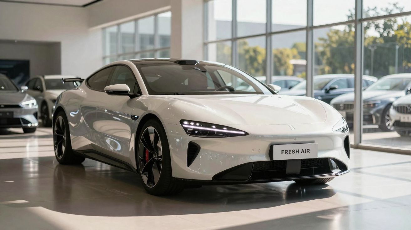 Carro esportivo branco elétrico em exposição dentro de concessionária com piso brilhante e paredes de vidro.
