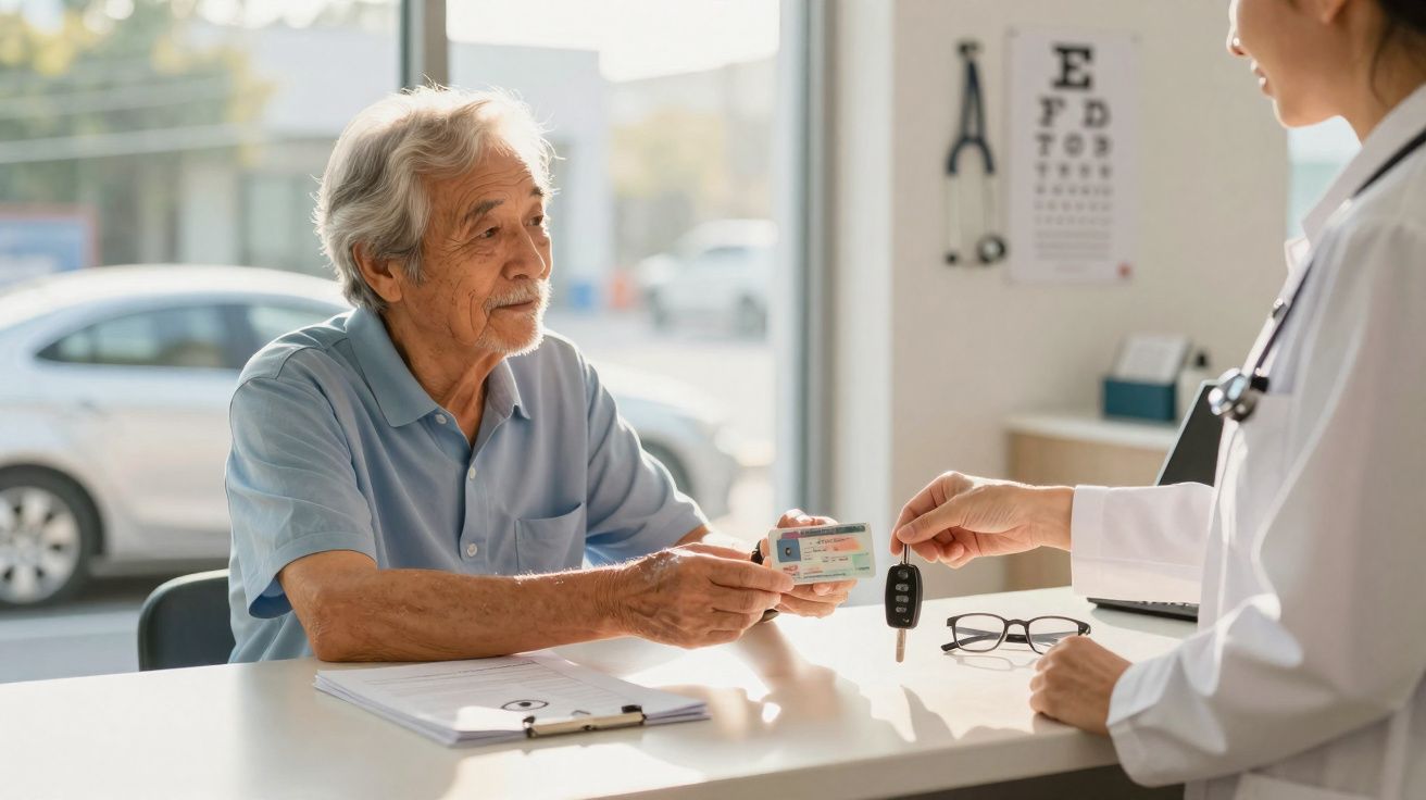Homem idoso entrega carteira de motorista para médica em consultório, recebendo chave de carro.