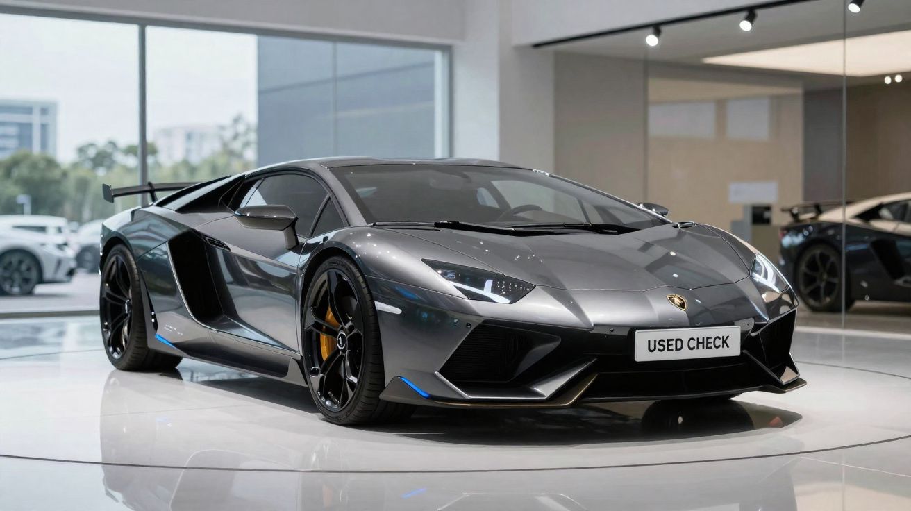 Carro esportivo Lamborghini cinza em showroom com placa escrita "USED CHECK" em destaque frontal.