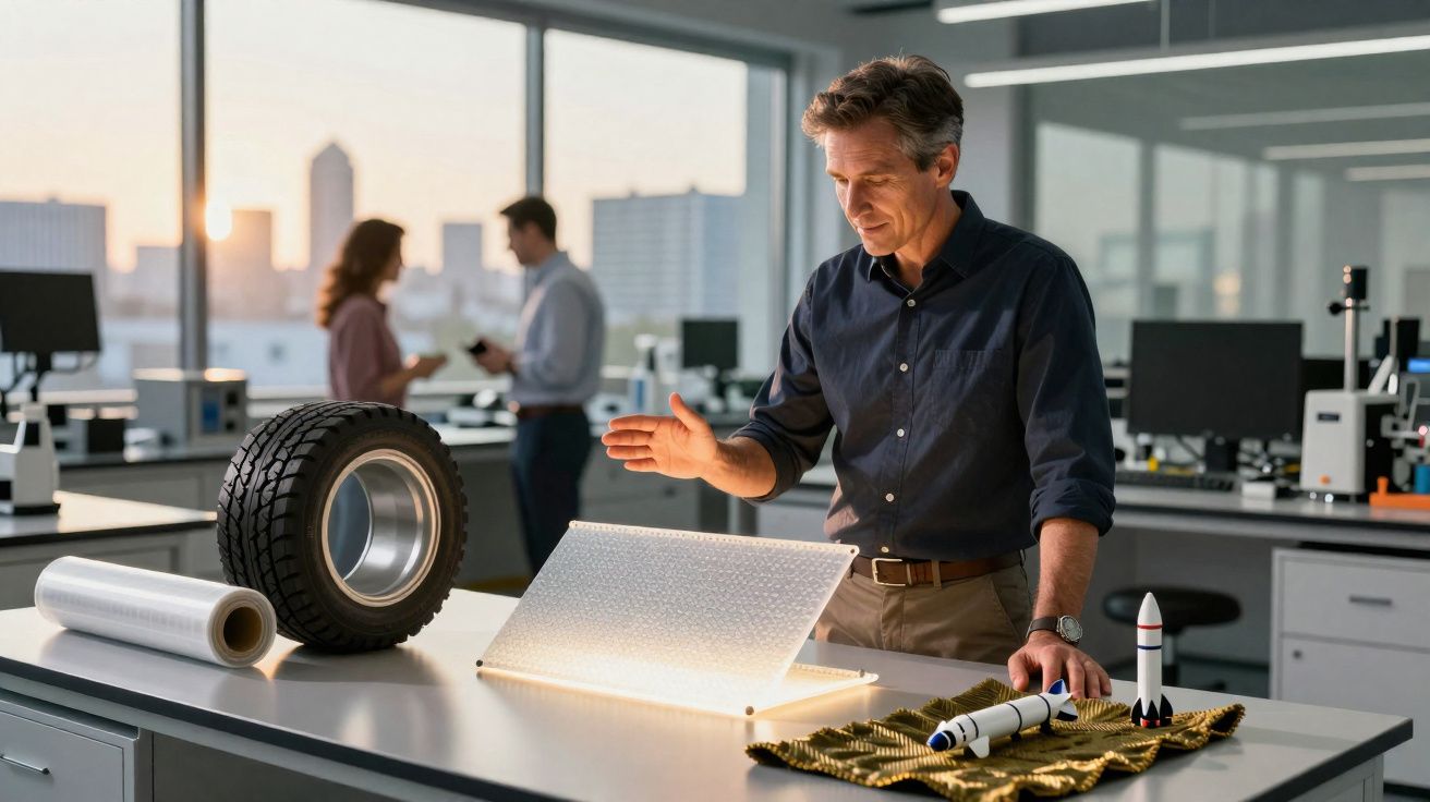 Engenheiro analisa material transparente iluminado em bancada com pneu e modelos de foguete em laboratório.