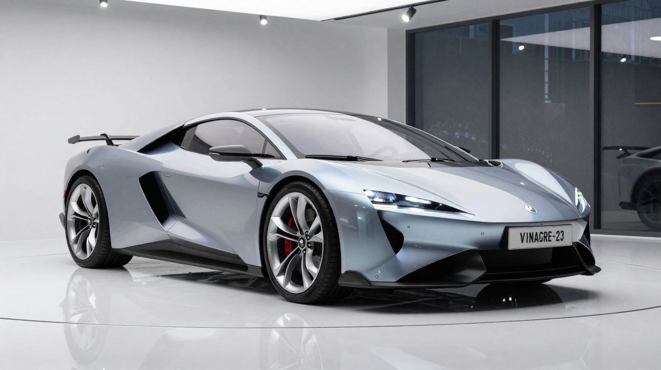 Carro esportivo prata com design aerodinâmico exibido em ambiente interno minimalista e moderno.