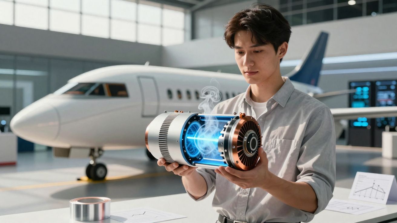 Homem jovem segurando motor tecnológico futurista em hangar com jato ao fundo.