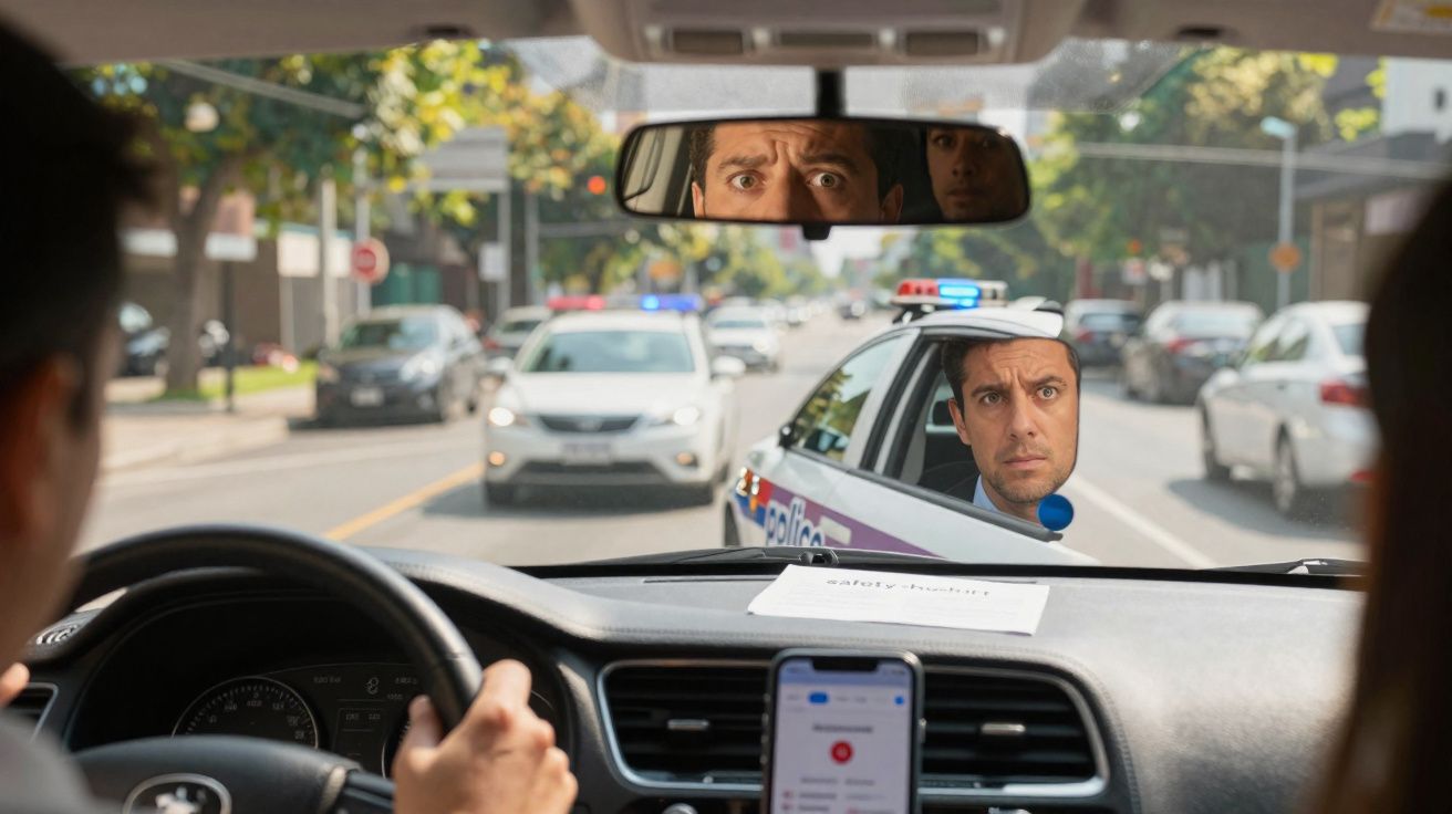 Homem em carro sendo parado por policial, refletido nos espelhos retrovisores, em rua movimentada.